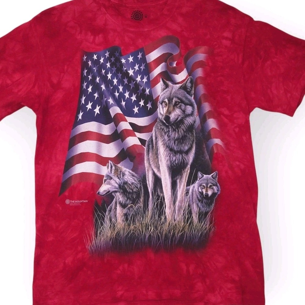 The Mountain American Flag Wolf Shirt Mens Medium Red Tie Dye Wolves Concert Tee